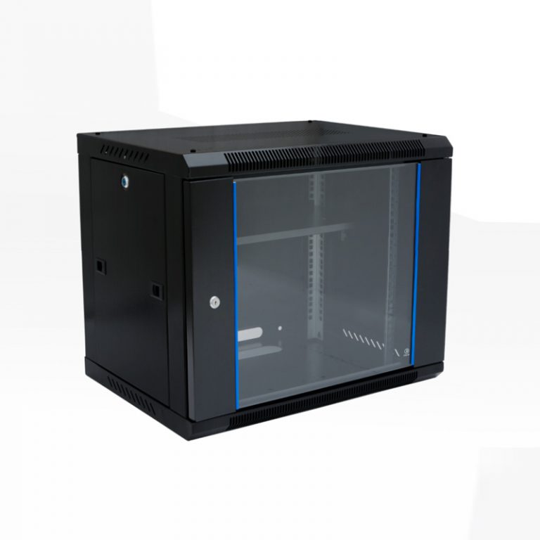 Black Network Cabinet with Glass Front Panel & Blue Accents (SP-601 Model)