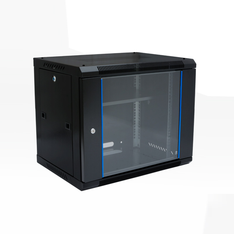 Black Network Cabinet with Glass Front Panel & Blue Accents (SP-601 Model)